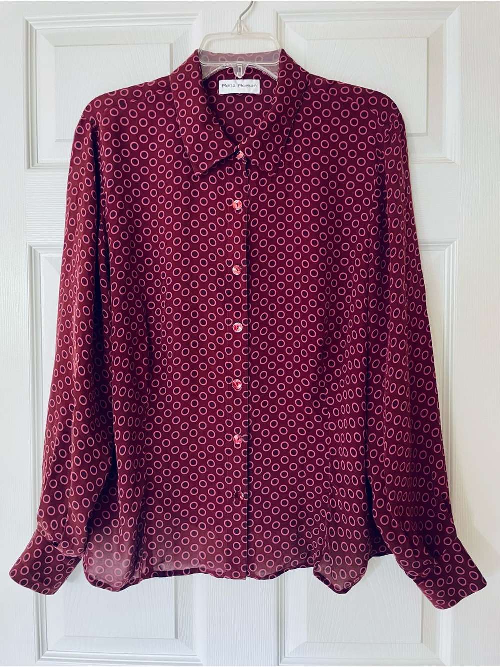 EUC Rena Rowan 100% Silk Burgundy Modernist Print Button-Up Blouse